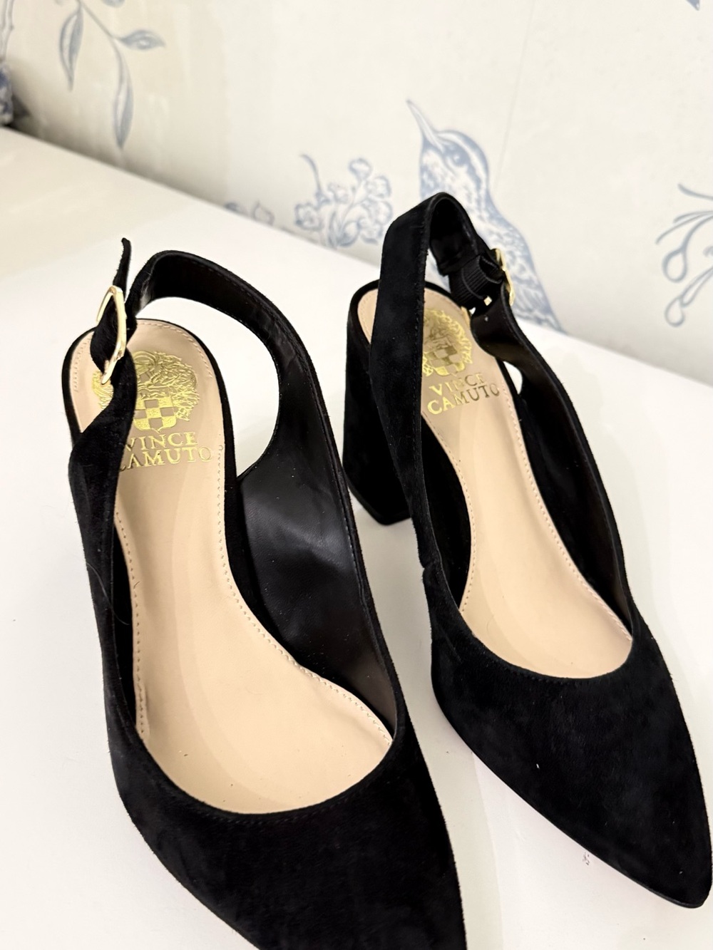 Vince Camuto Black Suede Slingback Pointed Toe Block Heels